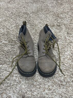 Dr. Martens Taupe Suede Lace-Up Boots with Yellow Stitching